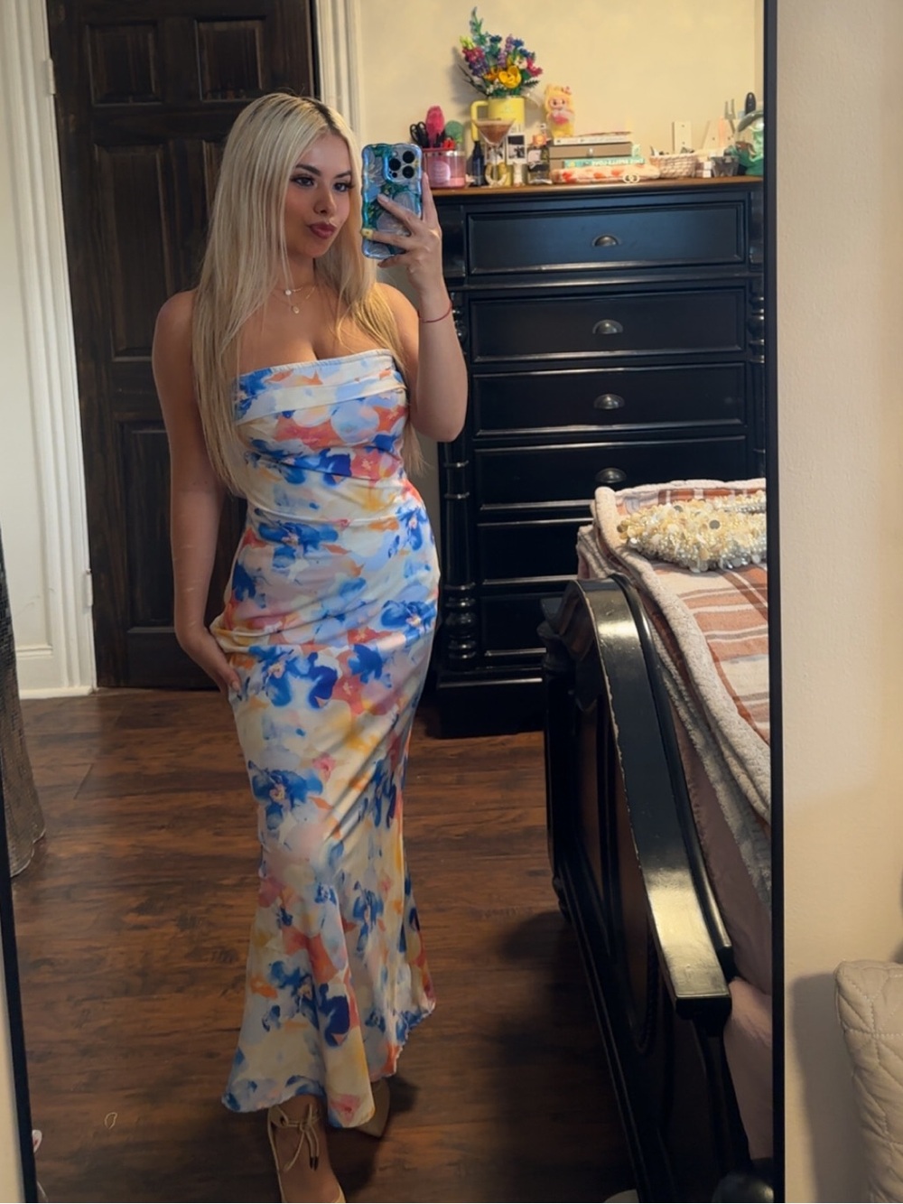 Strapless Floral Midi Dress - Blue, Coral, Yellow